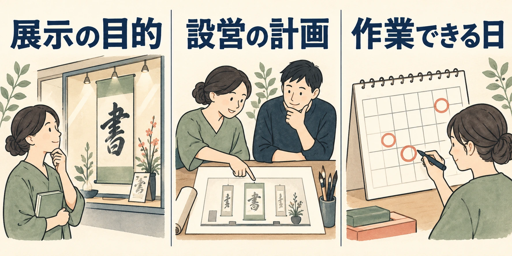 展示の目的、設営の計画、作業できる日を分けて確認する図
