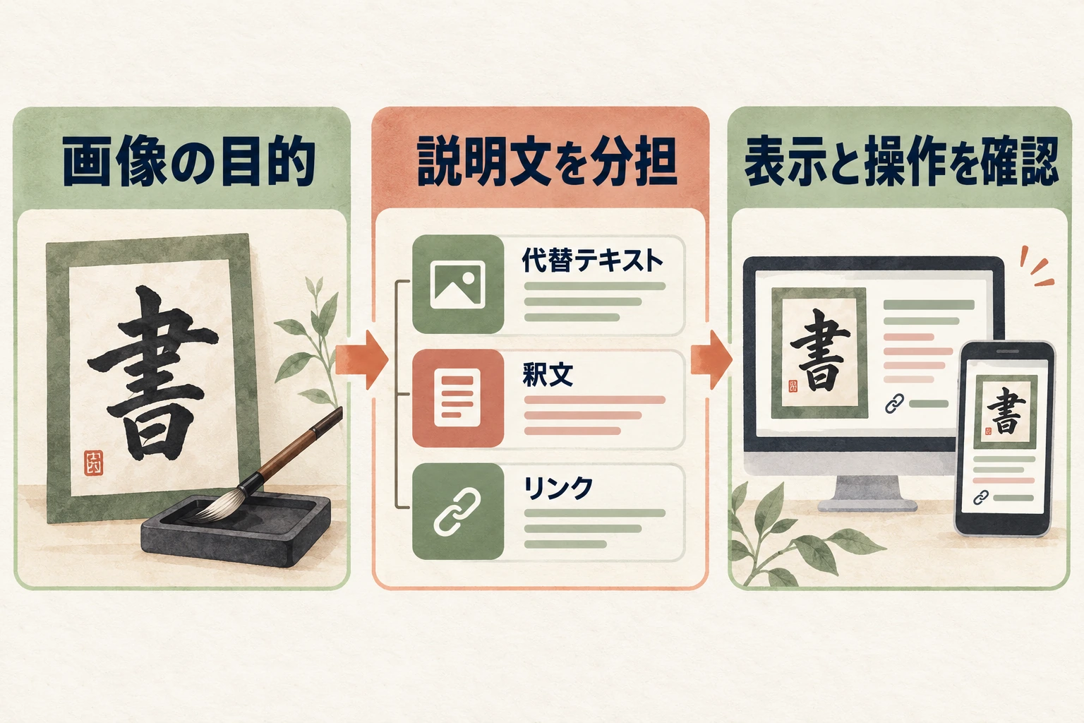 画像の目的、説明文を分担、表示と操作を確認を順に進める図