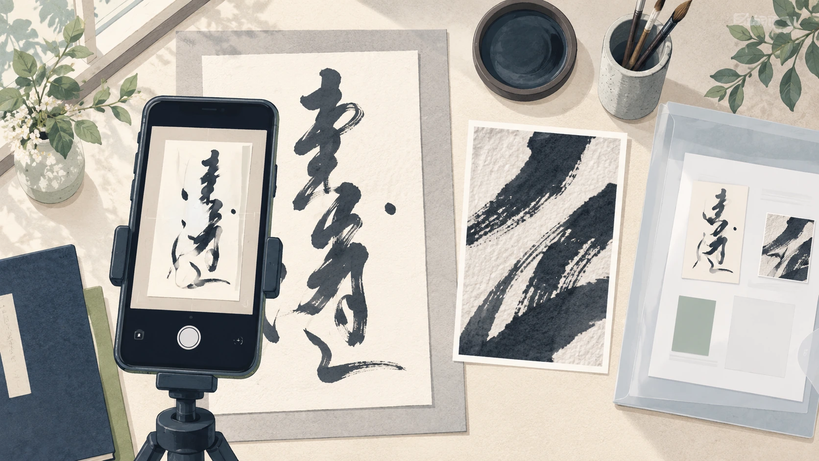 書道教室の作品写真の撮り方を表す説明用の生成イラスト