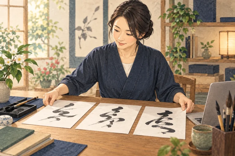 書道教室のブログの書き方を表す説明用の生成イラスト