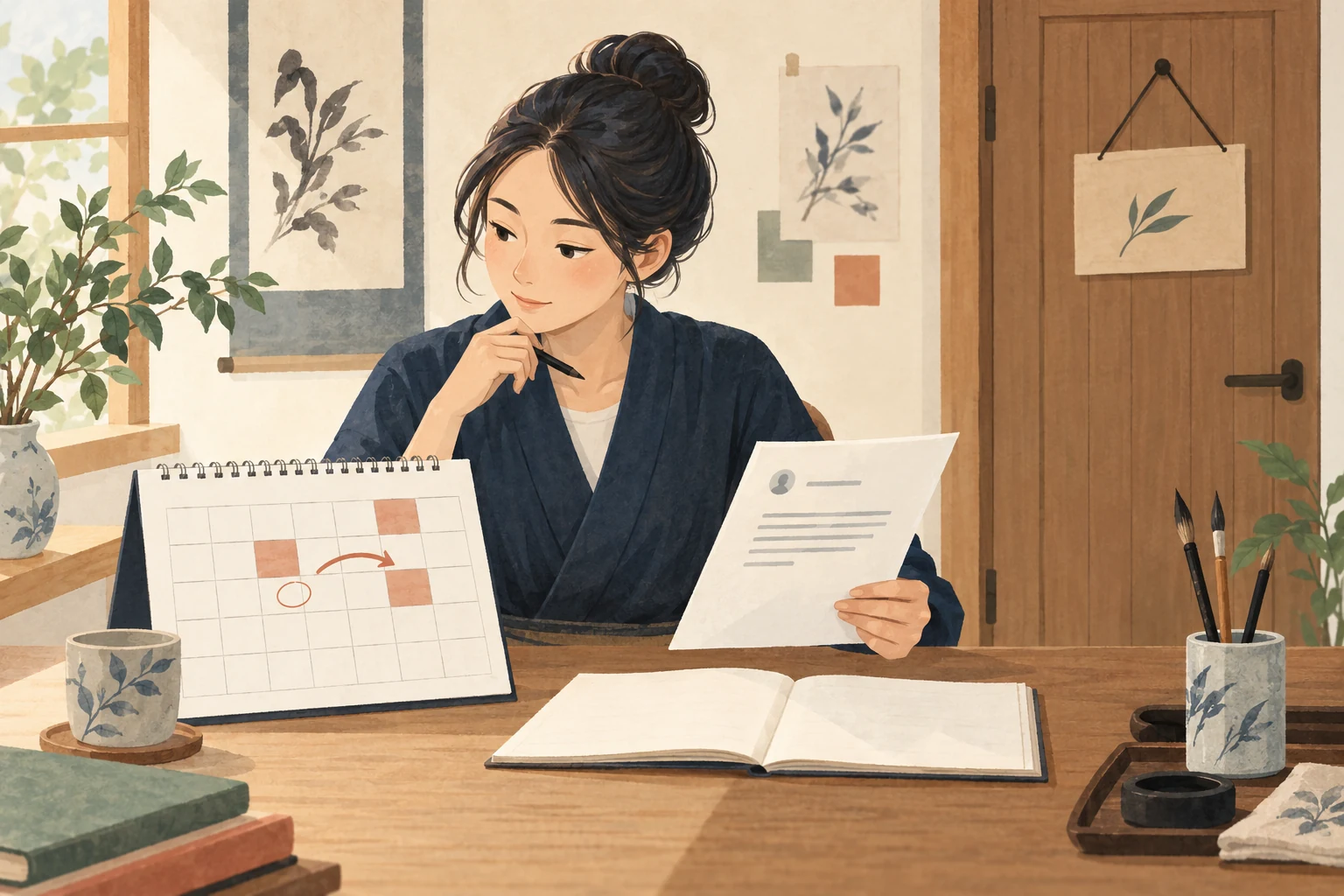 書道教室の休講・振替を案内するにはを表す先生向けのイラスト