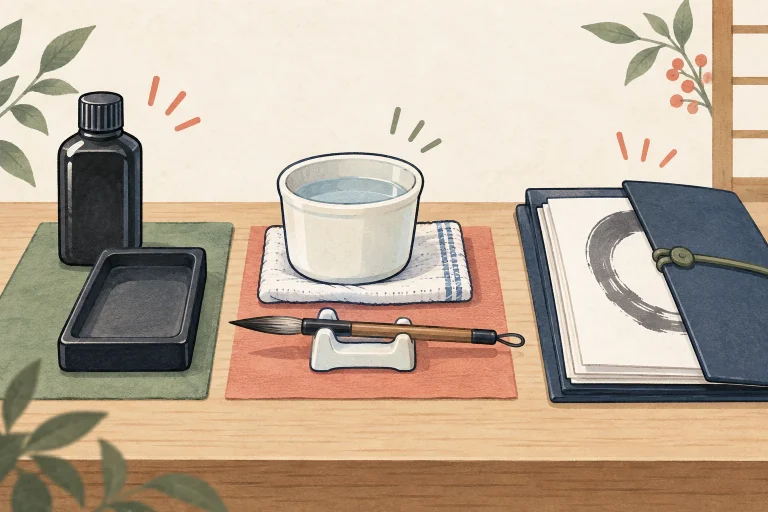 書道教室の片付け案内を表す説明用の生成イラスト