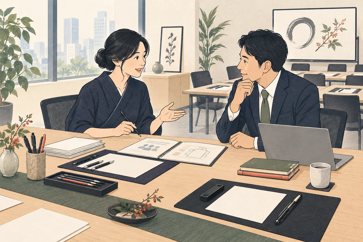 書道教室の企業向け出張講座の案内を表す説明用の生成イラスト
