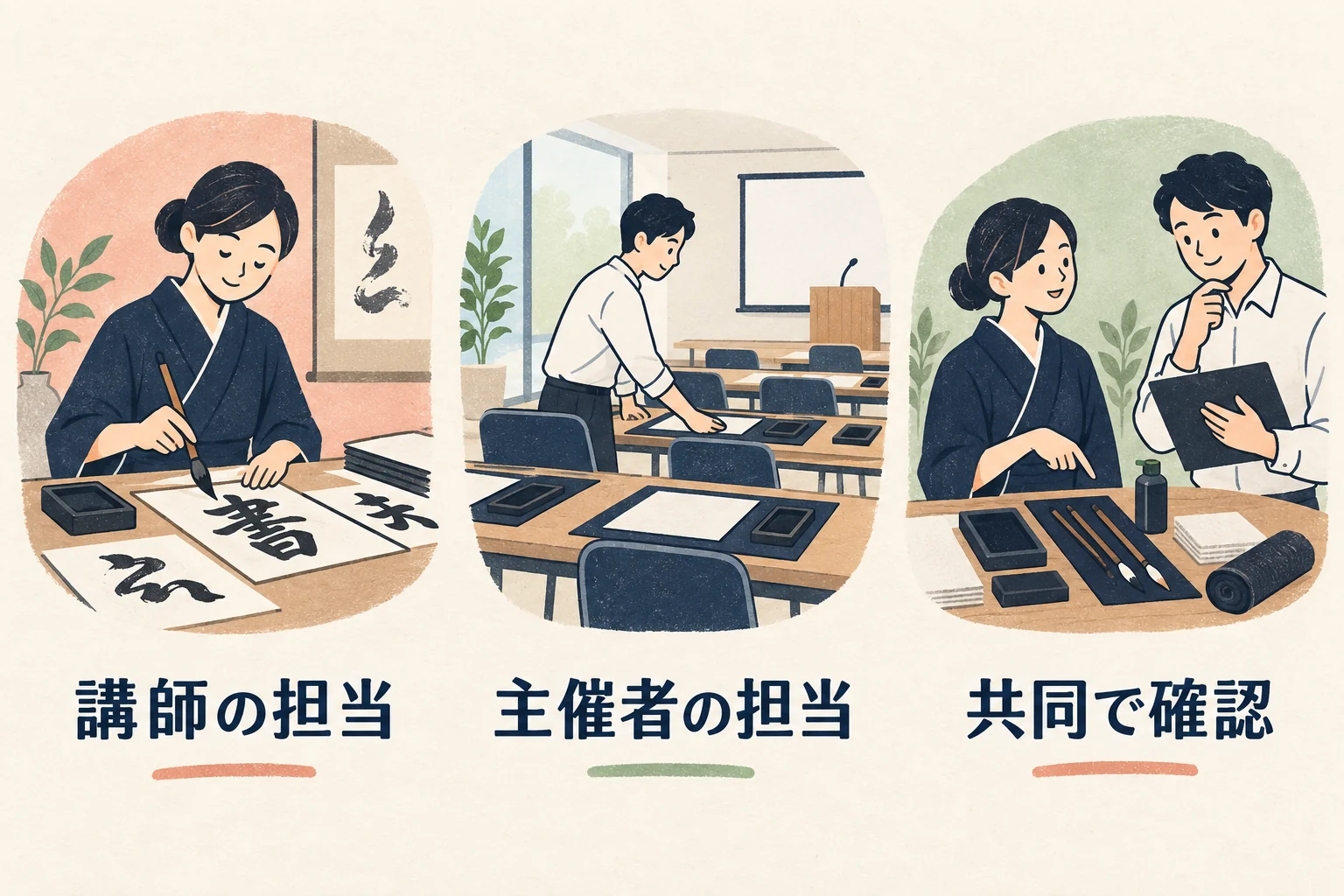 講師の担当、主催者の担当、共同で確認の確認項目を分ける図