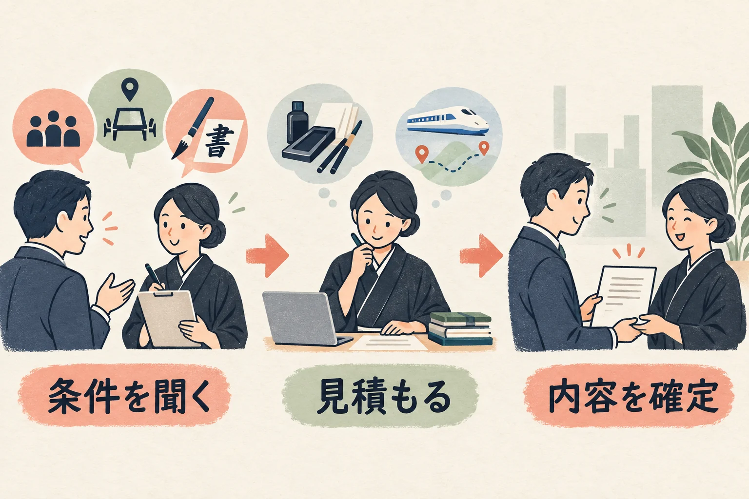 条件を聞く、見積もる、内容を確定の順に進める手順の図