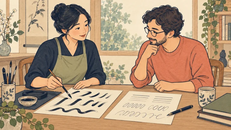 書道教室の体験後の入会案内を表す説明用の生成イラスト