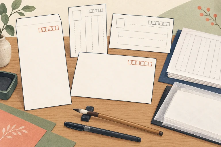 書道教室の宛名講座の準備を表す説明用の生成イラスト