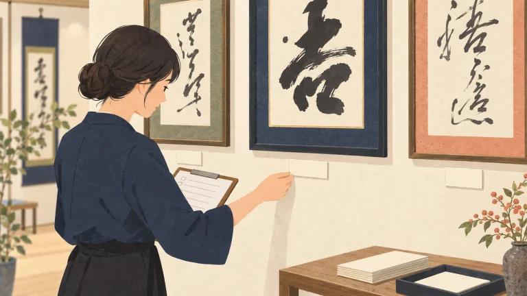 書道教室の作品展キャプションの作り方を表す説明用の生成イラスト