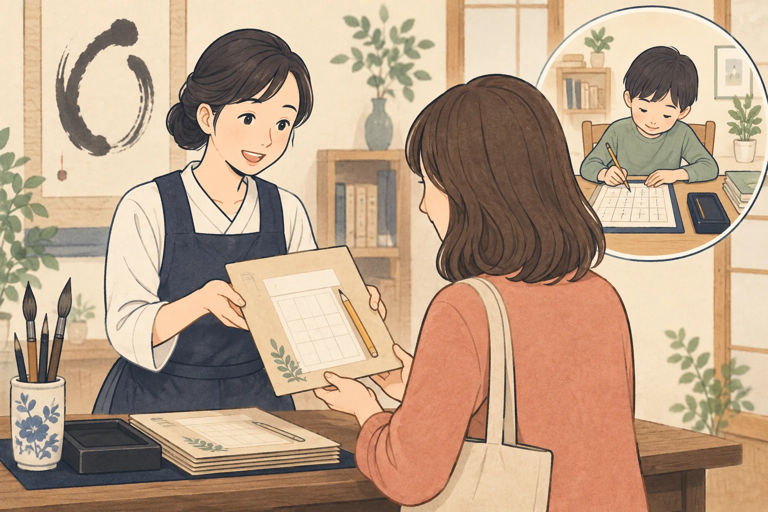 書道教室の家庭練習の案内を表す生成イラスト