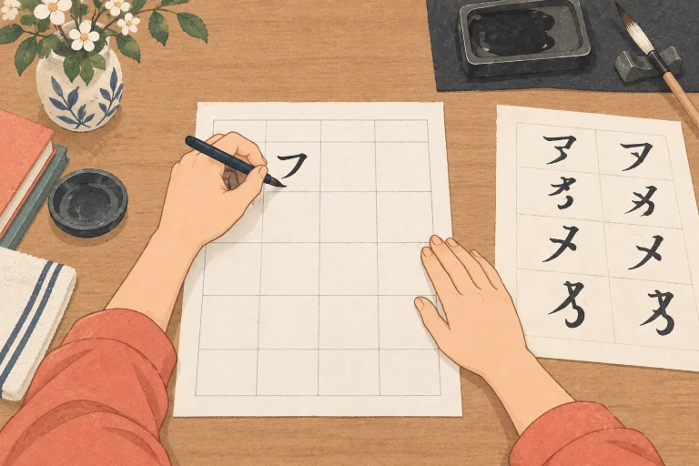書道教室の左利きの受入案内を表す説明用の生成イラスト
