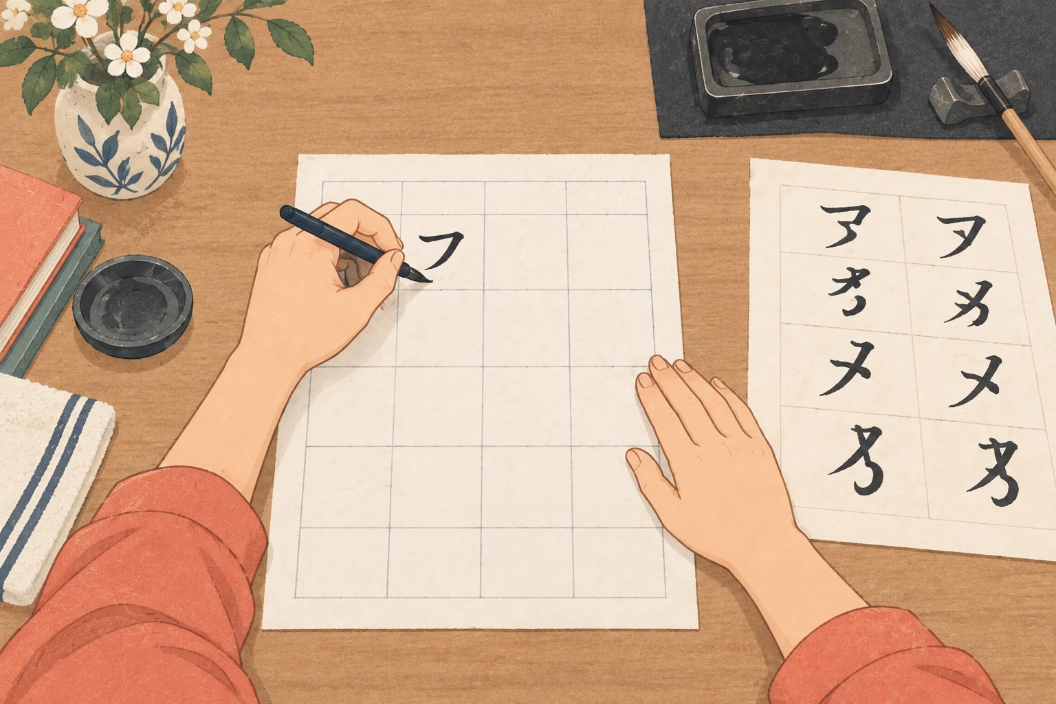 書道教室の左利きの受入案内を表す説明用の生成イラスト