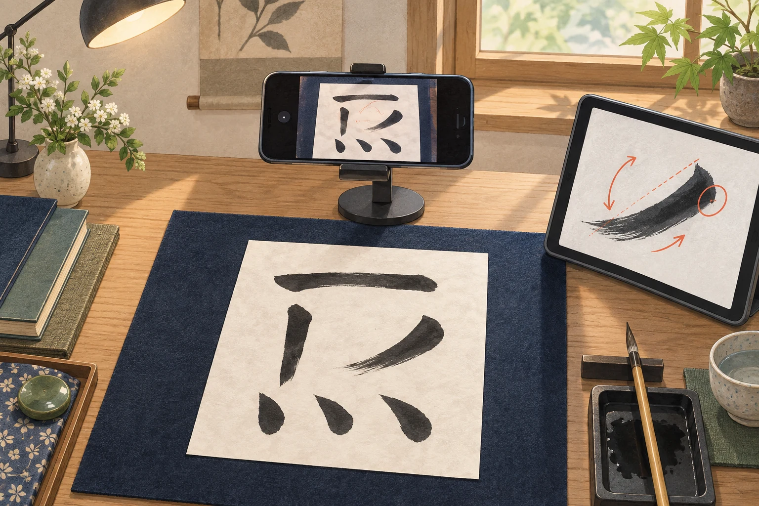 書道教室のLINE写真添削の案内を表す説明用の生成イラスト