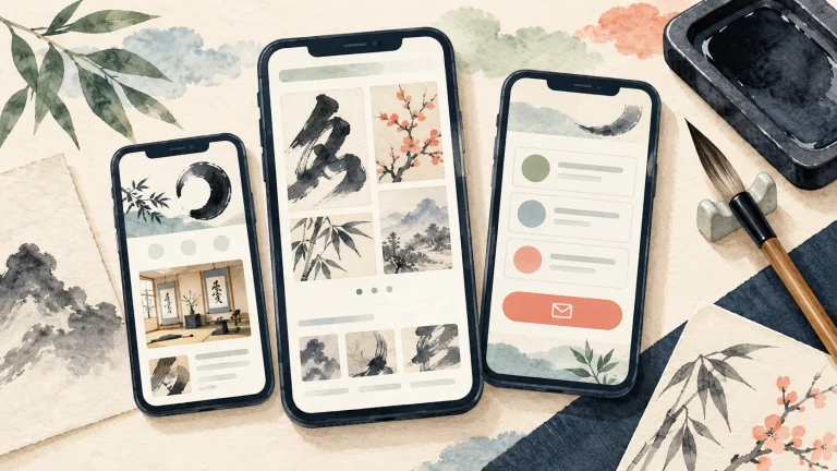 書道教室のホームページをスマホで点検するにはを表す説明用の生成イラスト