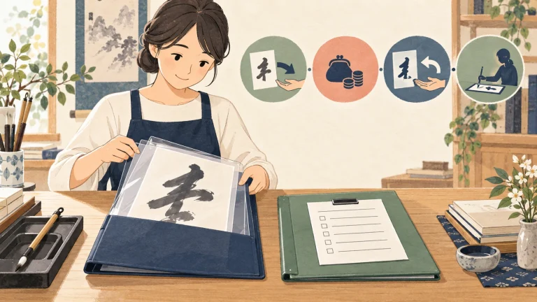 書道教室の手本の貸出案内を表す説明用の生成イラスト