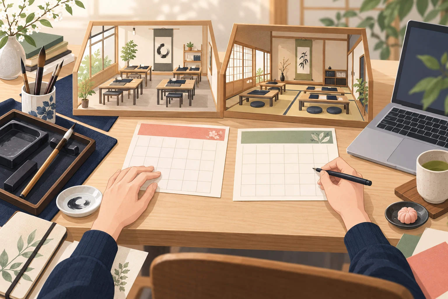 書道教室の複数会場の案内を表す説明用の生成イラスト