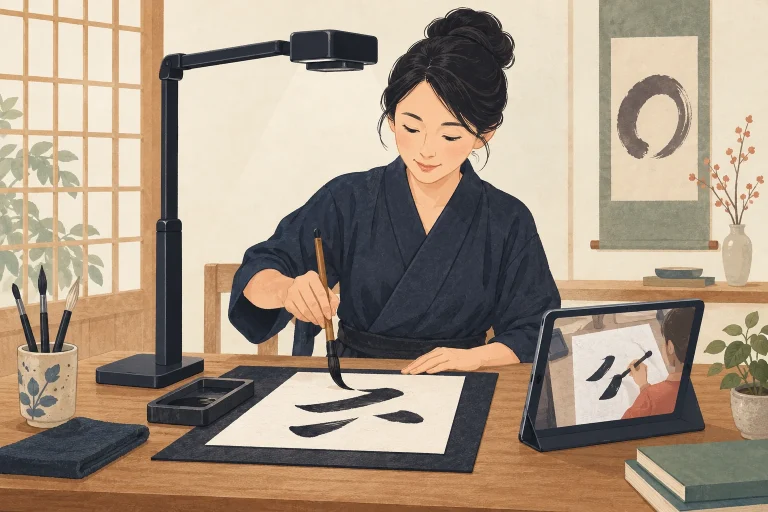 書道教室のオンラインレッスン案内を表す先生向けのイラスト