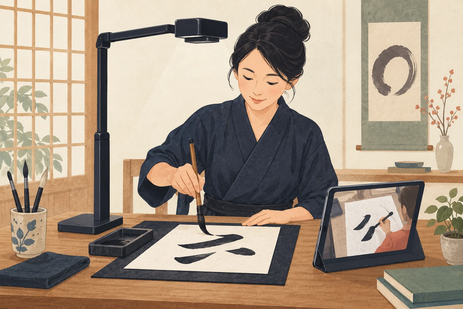 書道教室のオンラインレッスン案内を表す先生向けのイラスト