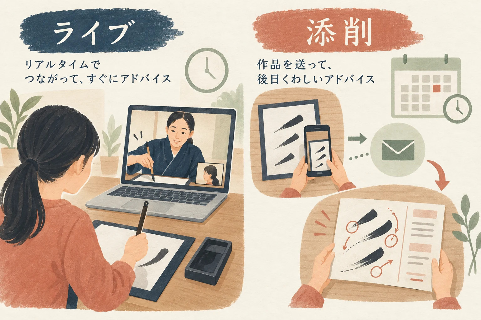 ライブの手元指導と作品写真による後日の添削を分ける図