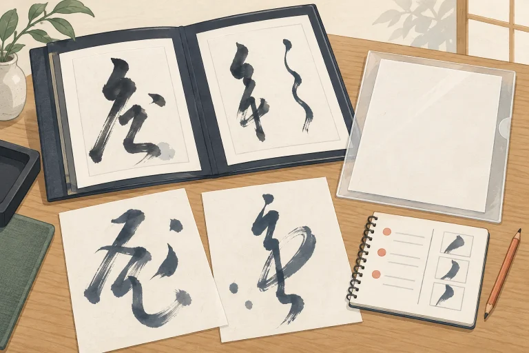 書道教室の持込作品の添削を表す説明用の生成イラスト