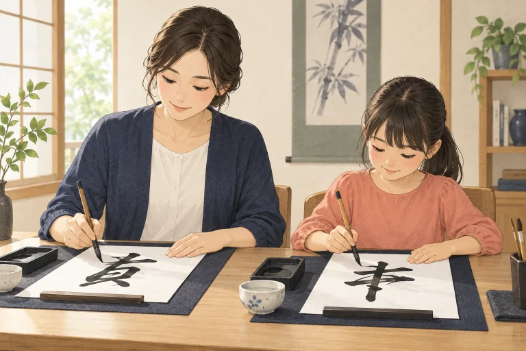 書道教室の親子コースの案内を表す説明用の生成イラスト