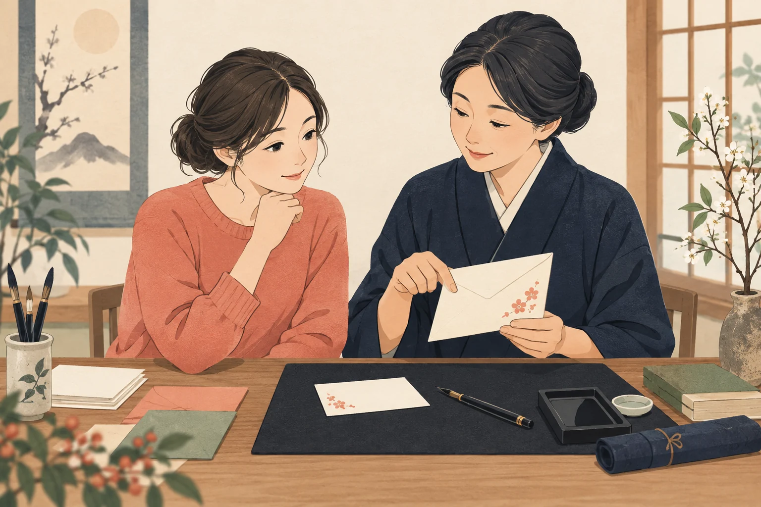 書道教室の実用書・短期コースの案内を表す説明用の生成イラスト