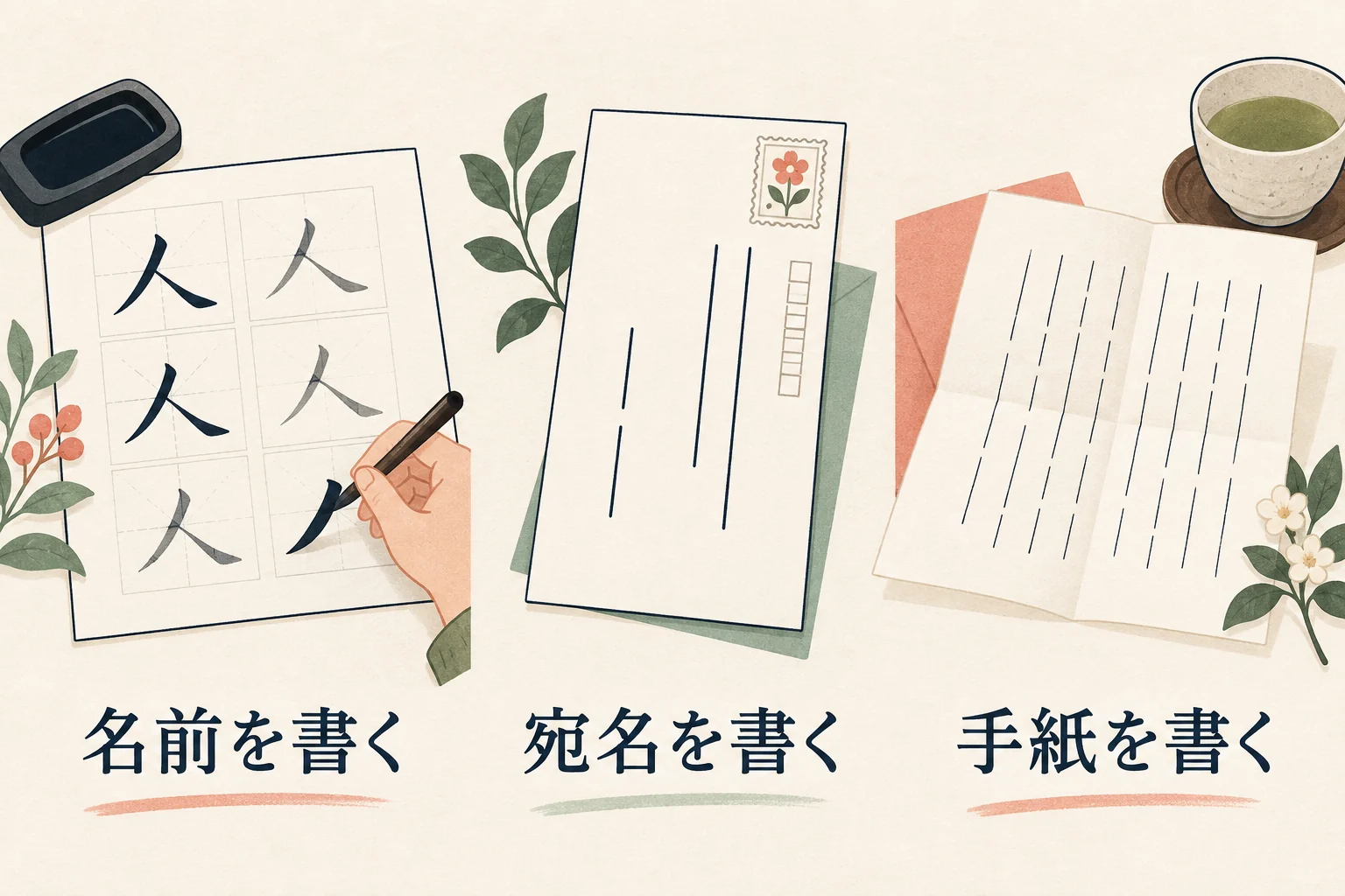 名前を書く、宛名を書く、手紙を書くの確認項目を分ける図