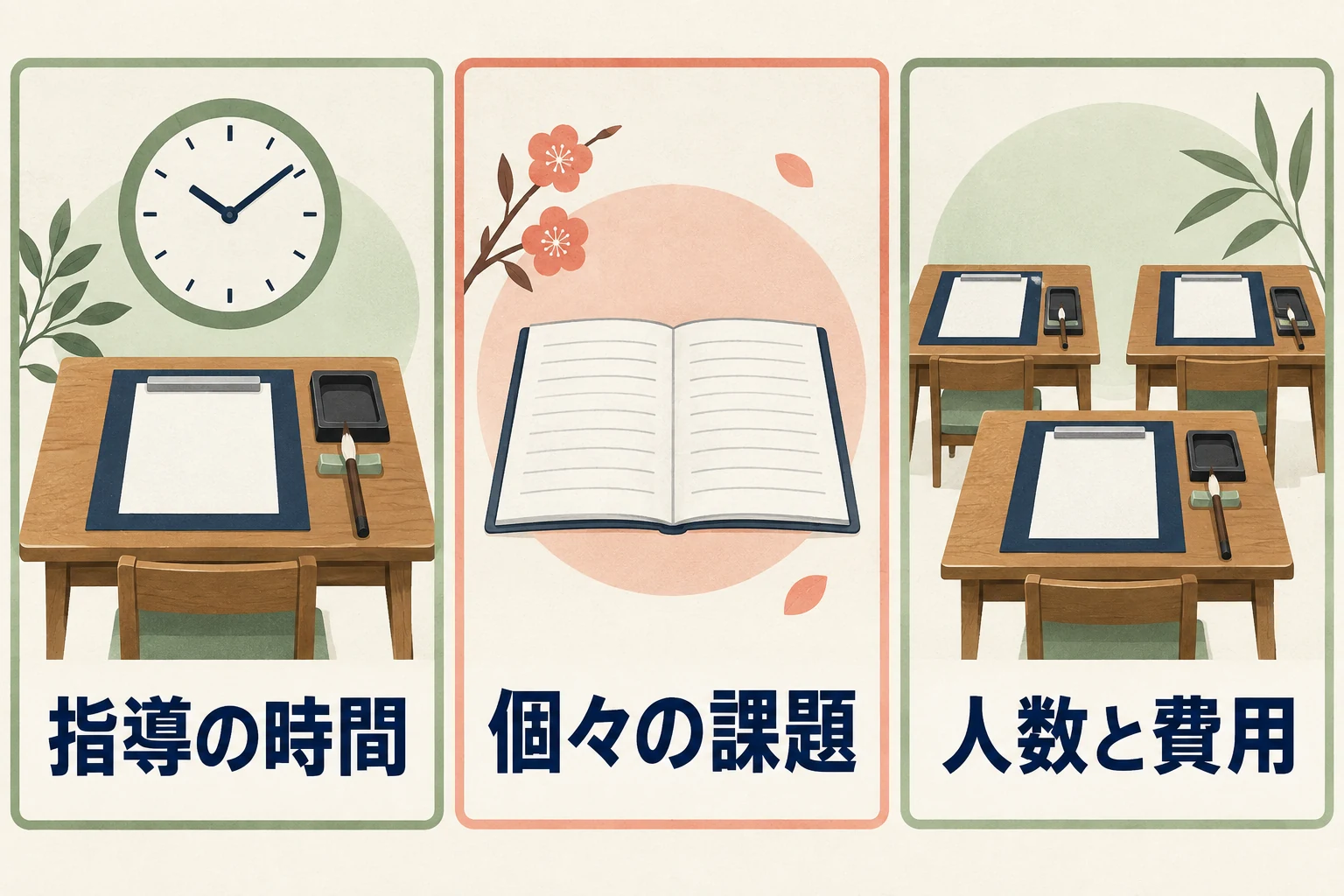 指導の時間、個々の課題、人数と費用の確認項目を分ける図