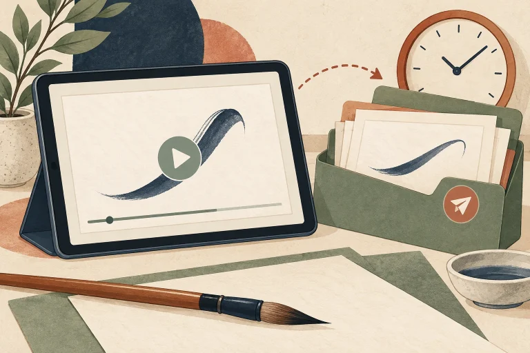 書道教室の録画動画コースを案内するにはを表す説明用の生成イラスト