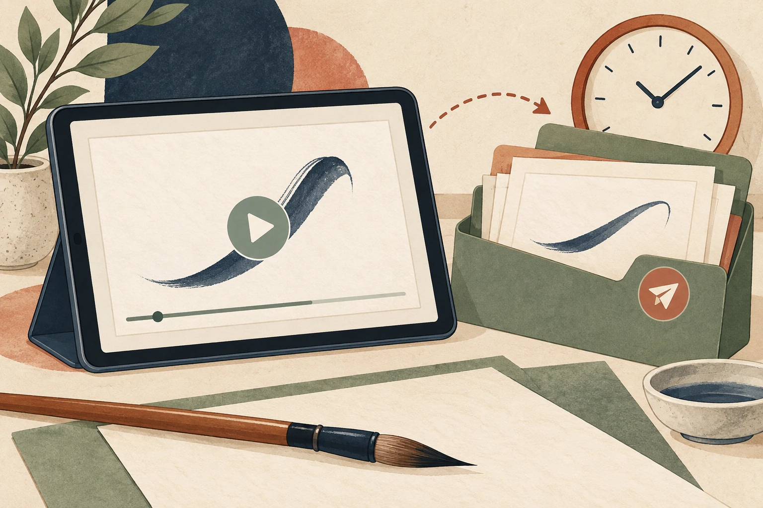 書道教室の録画動画コースを案内するにはを表す説明用の生成イラスト