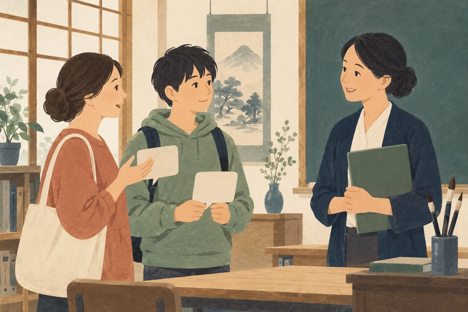 書道教室で生徒・保護者の声を掲載するにはの準備を表す生成イラスト