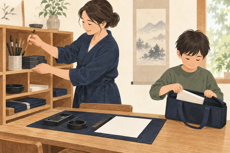 書道教室の道具・貸出の案内を表す先生向けのイラスト