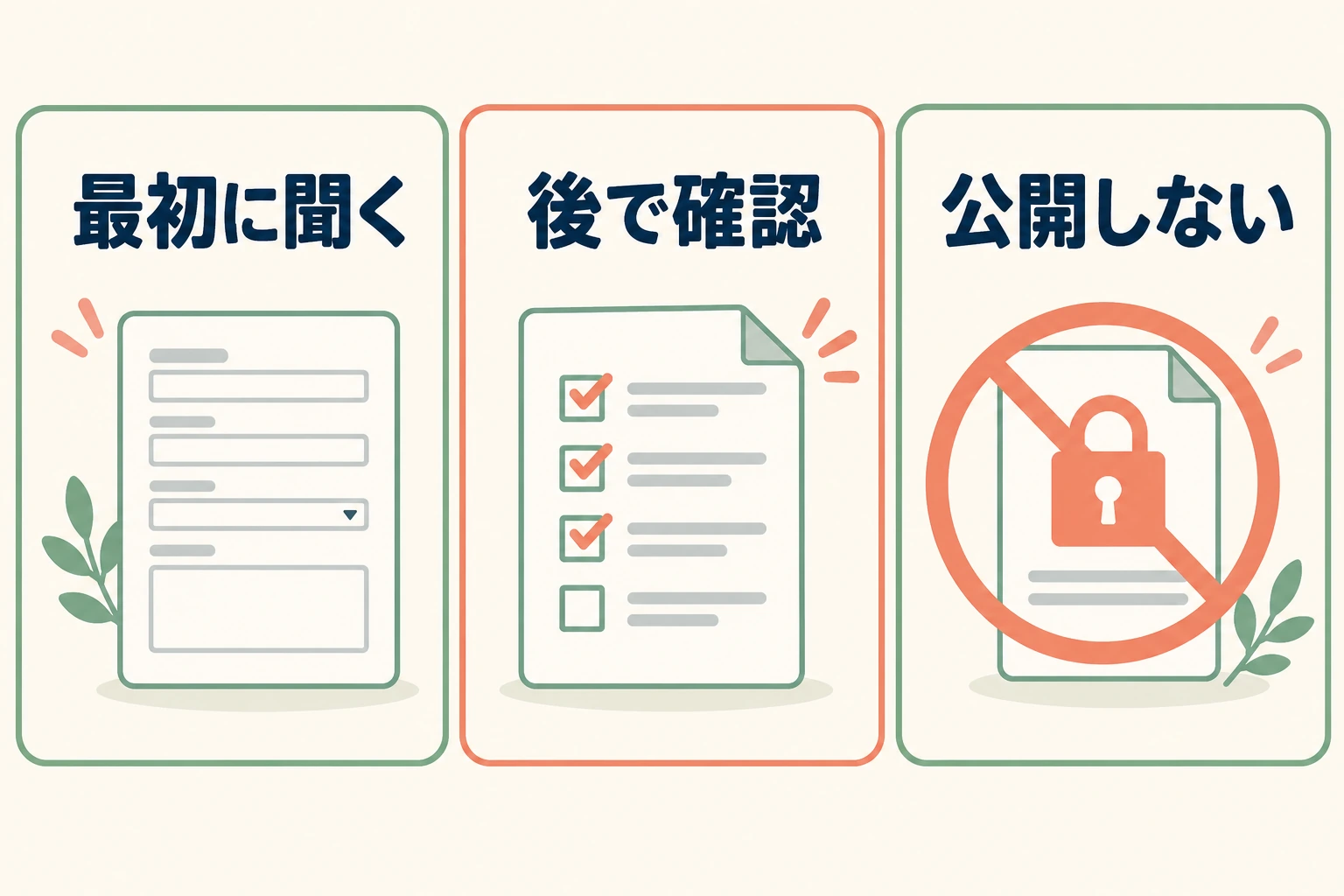 最初に聞く、後で確認、公開しないを分けて確認する図