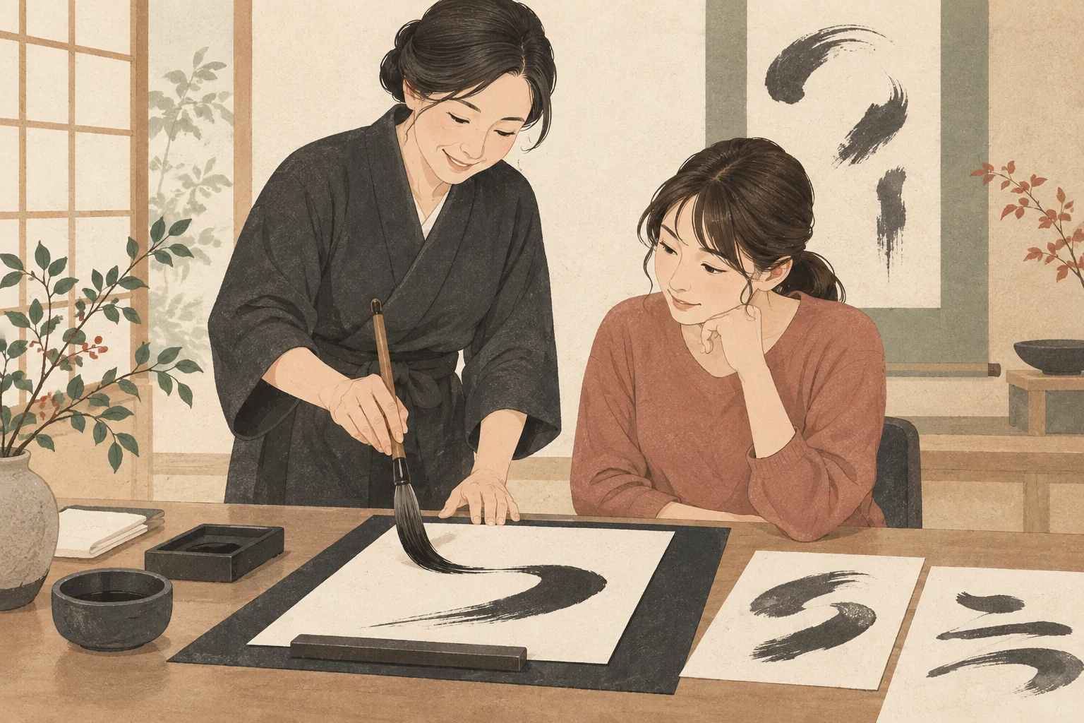 書道教室の体験レッスン案内を表す生成イラスト