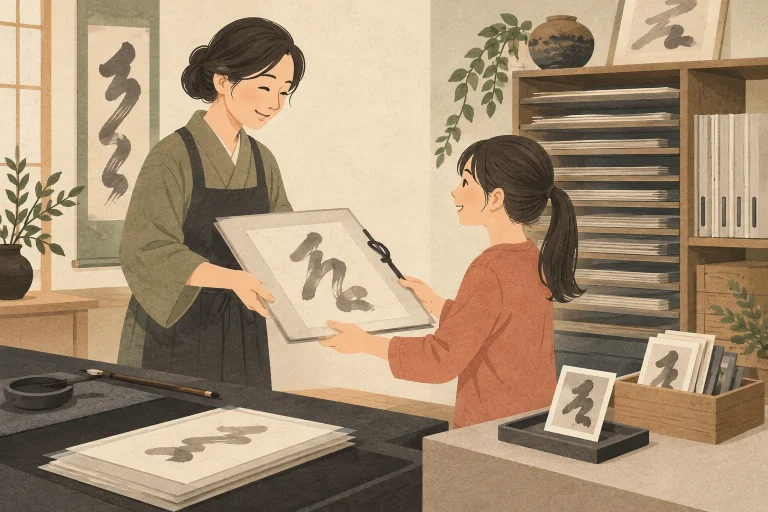 書道教室の作品の保管・返却を表す生成イラスト