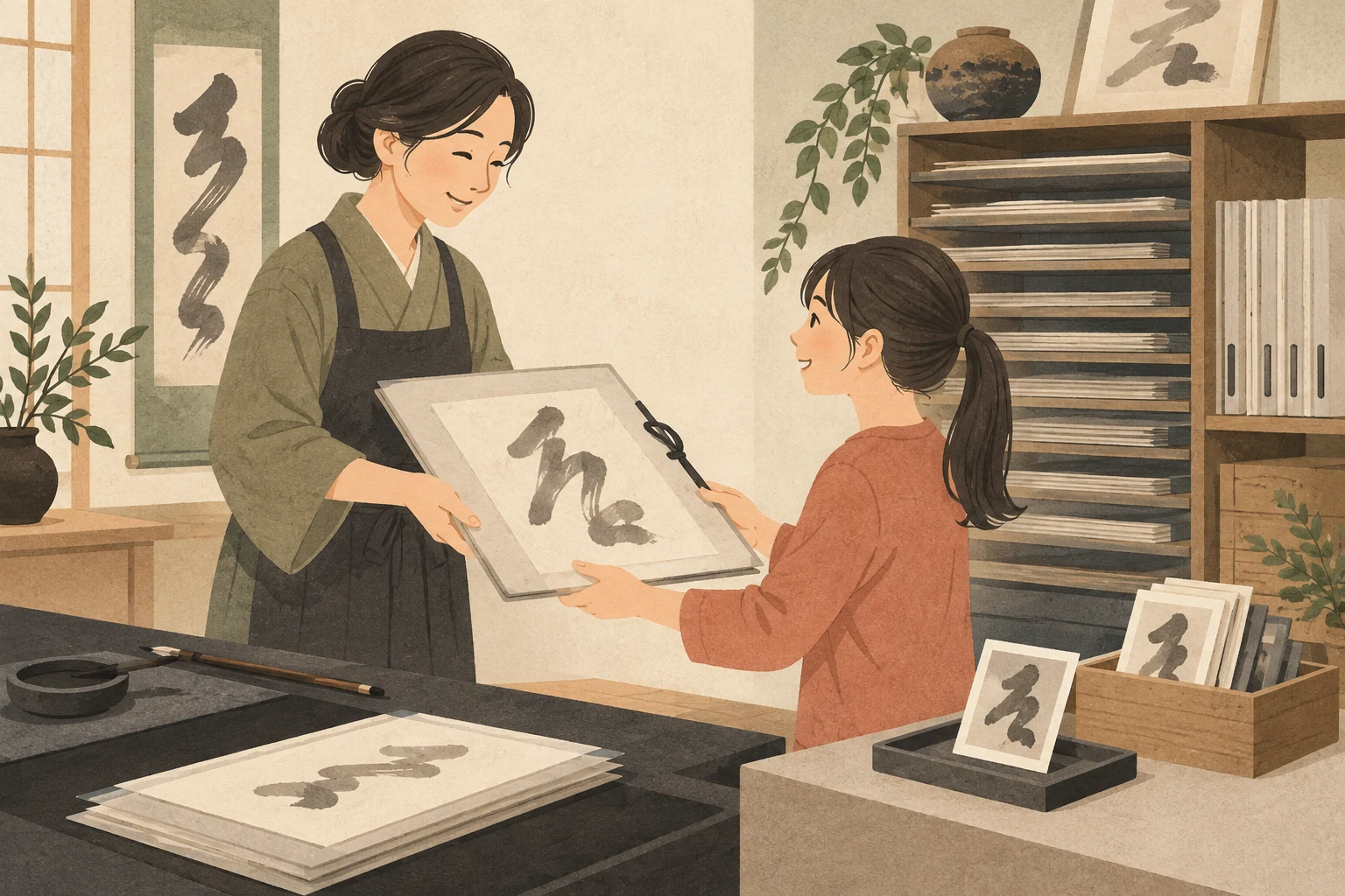 書道教室の作品の保管・返却を表す生成イラスト
