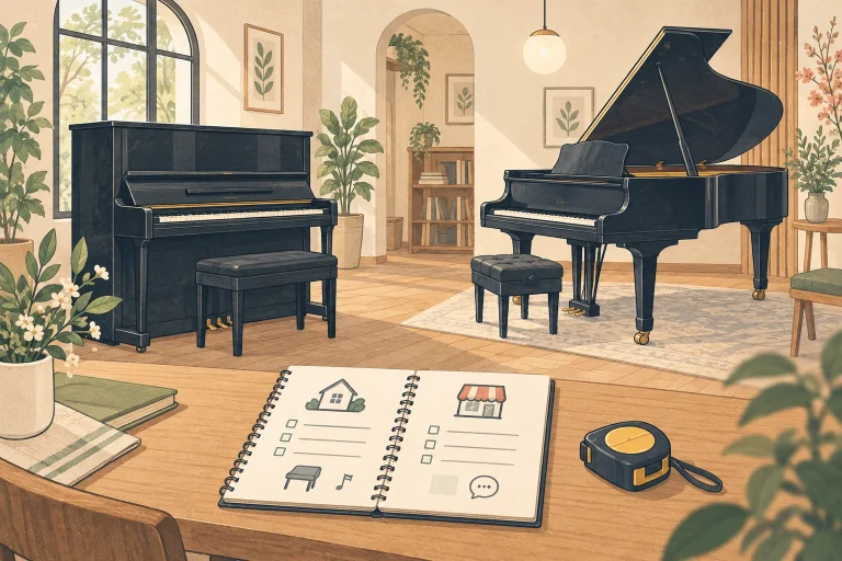 栃木のピアノ教室で楽器の試弾を案内するにはを表す説明用の生成イラスト