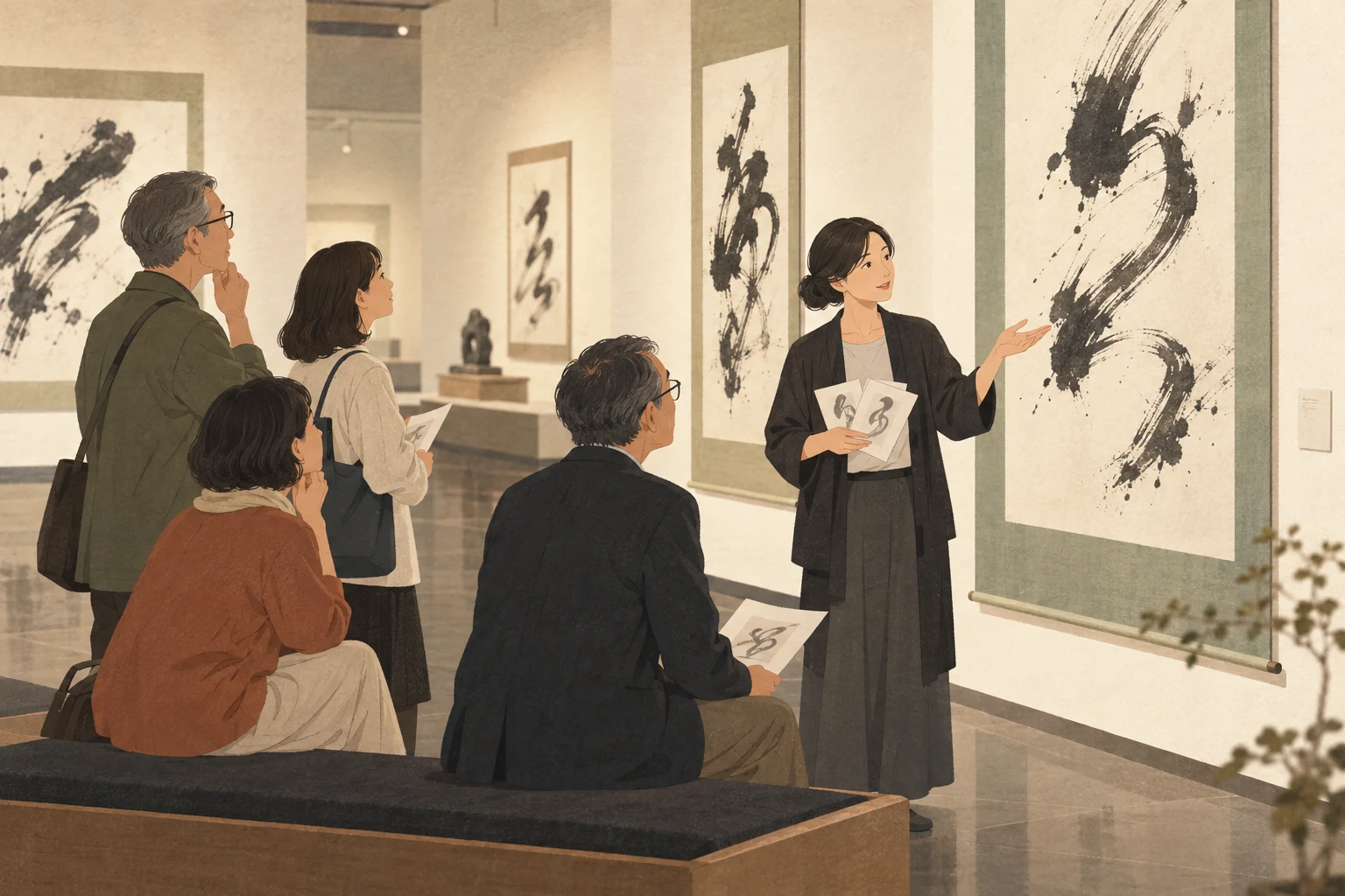 徳島の書道教室の作品鑑賞会を表す生成イラスト