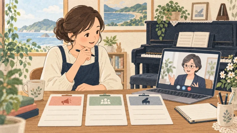 鳥取のピアノ教室の集客相談を表す説明用の生成イラスト