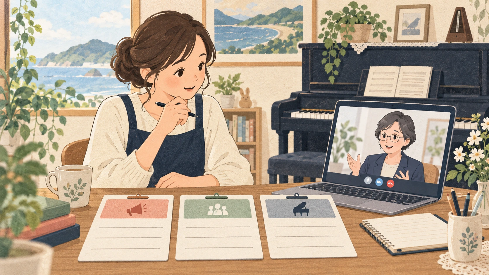 鳥取のピアノ教室の集客相談を表す説明用の生成イラスト