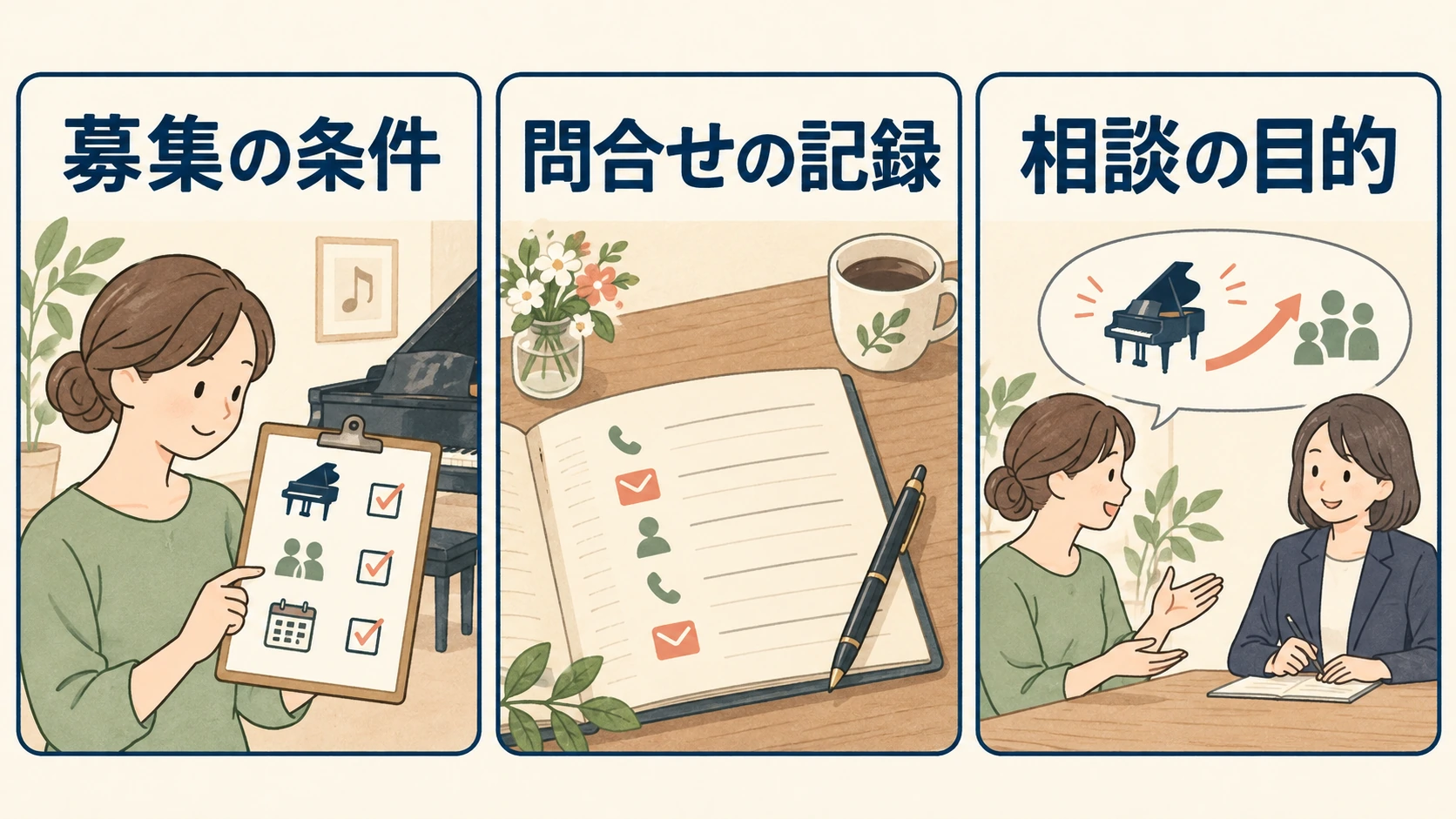 募集の条件、問合せの記録、相談の目的を分けて確認する図