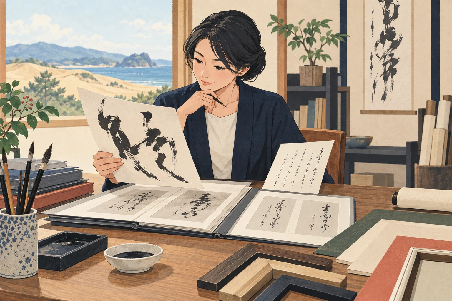 鳥取の書道教室で県展出品を案内するにはを表す説明用の生成イラスト