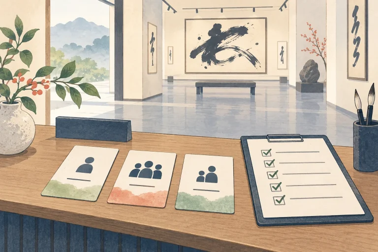 富山の書道教室で団体鑑賞を案内するにはを表す説明用の生成イラスト
