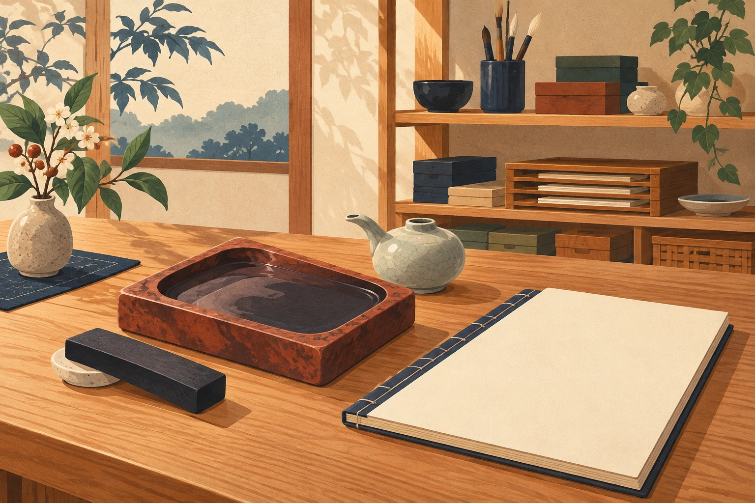 山口の書道教室が赤間硯を学ぶにはを表す説明用の生成イラスト