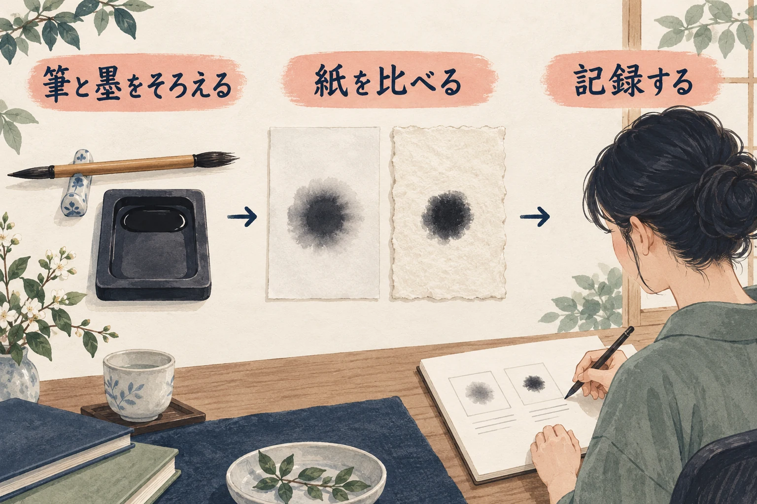 筆と墨をそろえ、二種類の紙へ同じ線を書き、違いを記録する比較手順の図