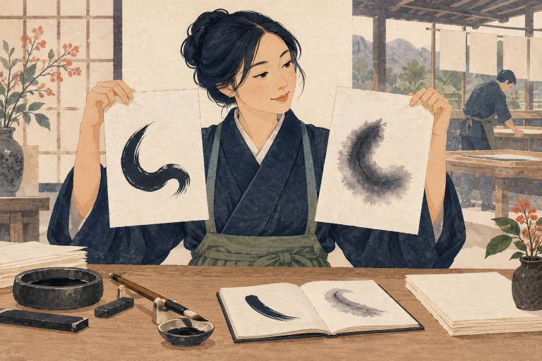 山梨の書道教室で和紙を選ぶにはを表す先生向けのイラスト