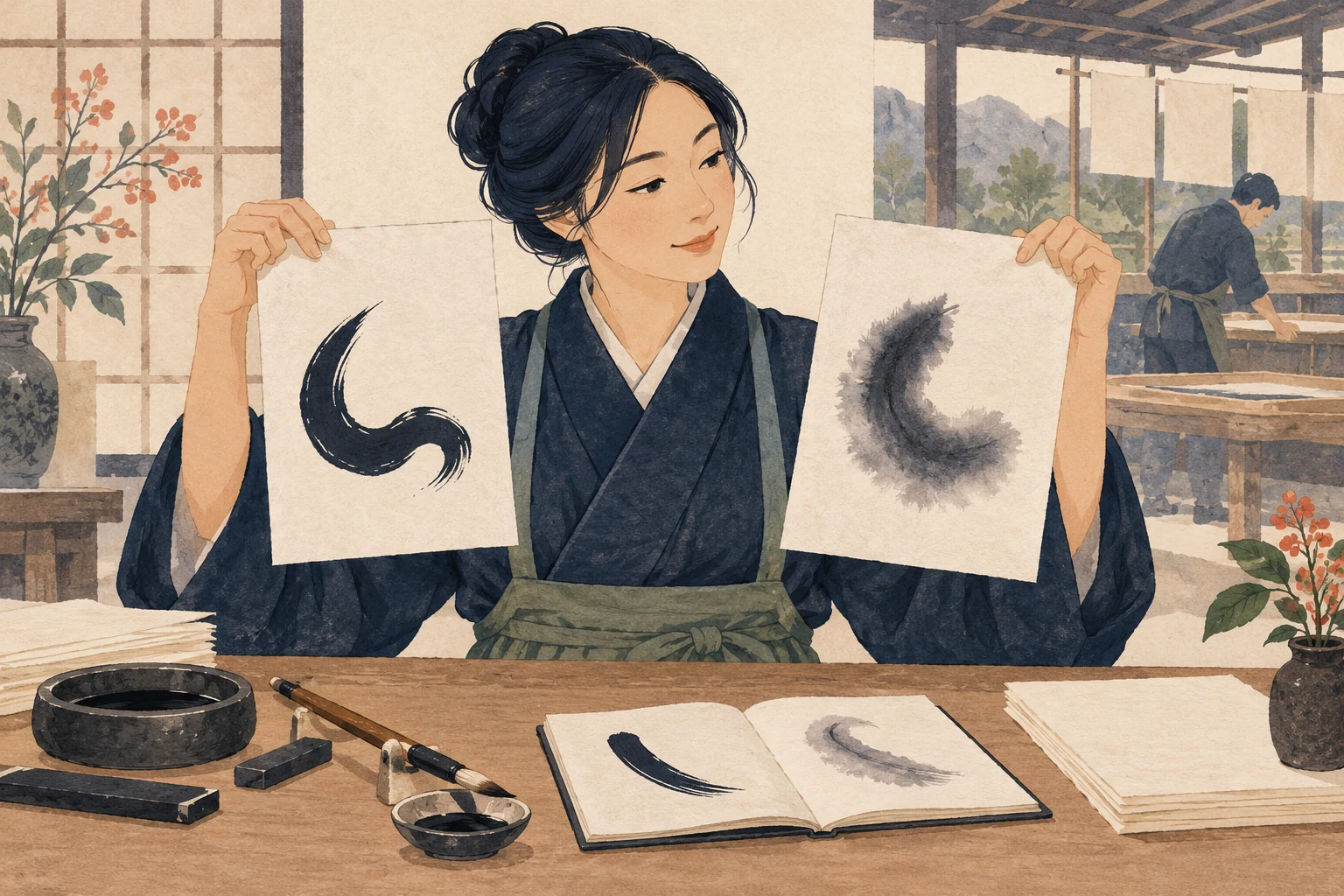 山梨の書道教室で和紙を選ぶにはを表す先生向けのイラスト