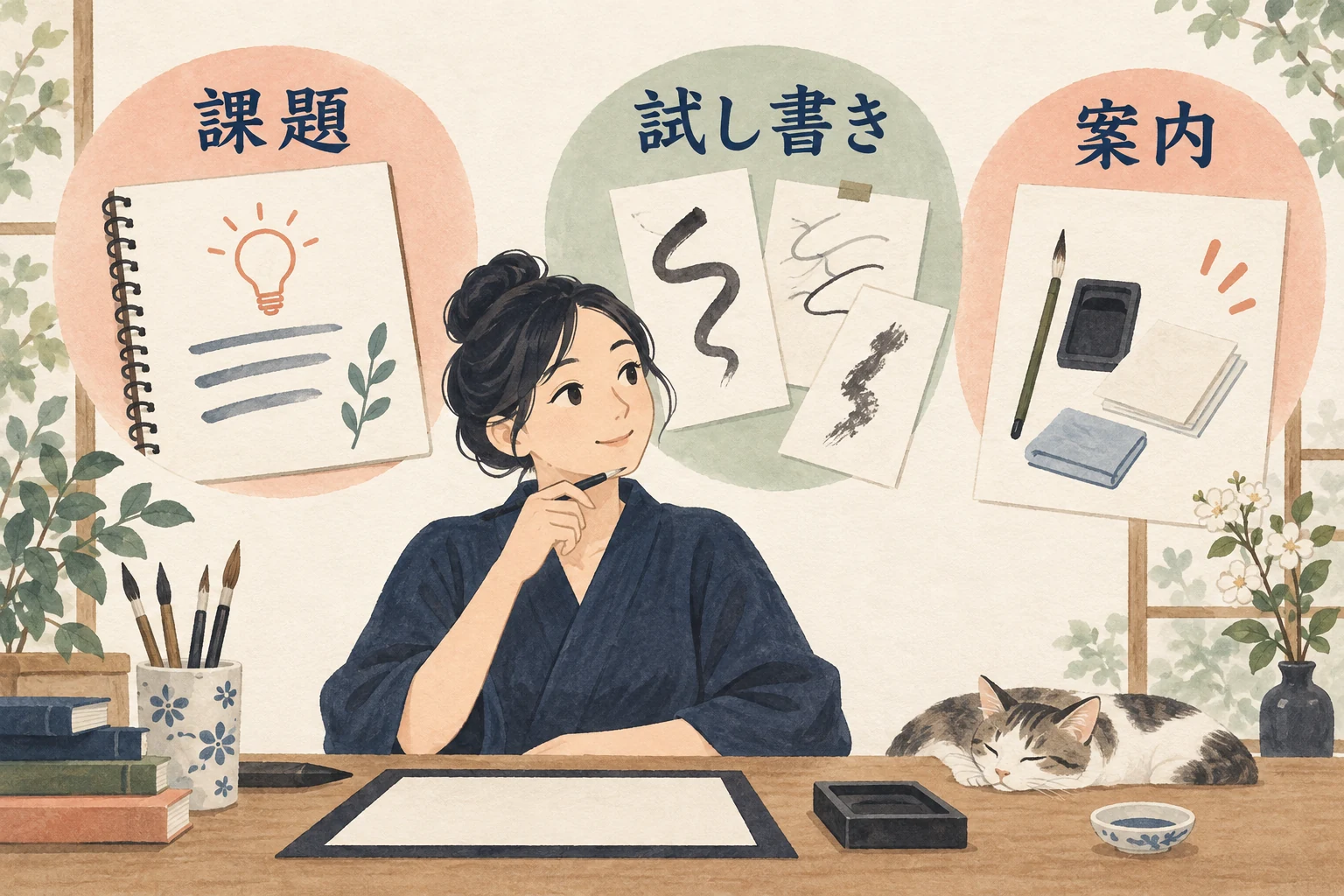教室の課題を決め、紙を試し書きし、使用目的と準備方法を案内する三段階の図